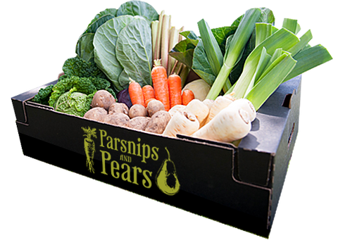 A large vegetable box, filled with fresh, British produce